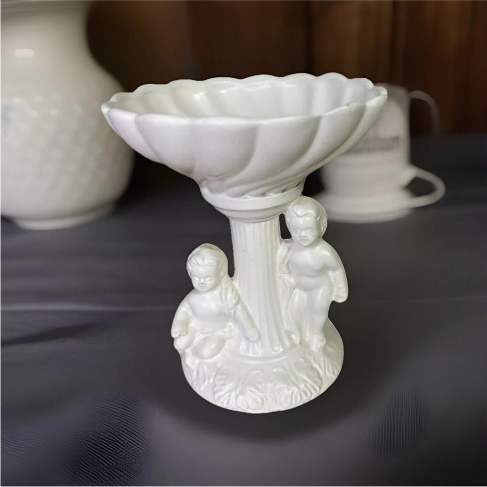 Charming White Ceramic Pedestal Bowl with Cherub Design - Picture 1 of 6